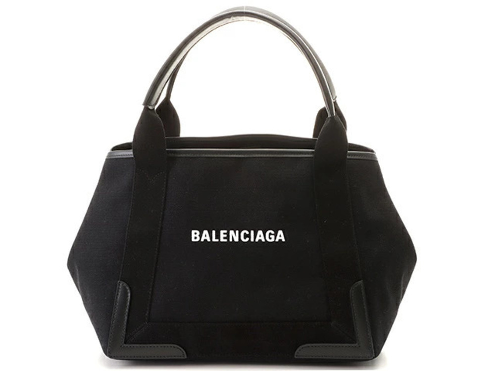 Balenciaga Navy Blue Cabas Tote Bag Canvas Leather Black